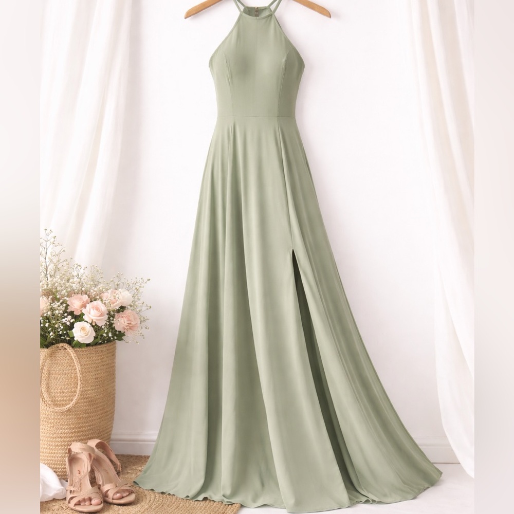 Lulus Sage Green Halter Maxi Dress w/ Slit | XL | Like New - Picture 2 of 13